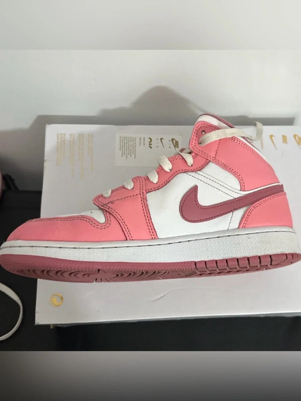 Jordan 1 Kids Pink and White Mid-Top Sneakers with Dark Pink Swoosh